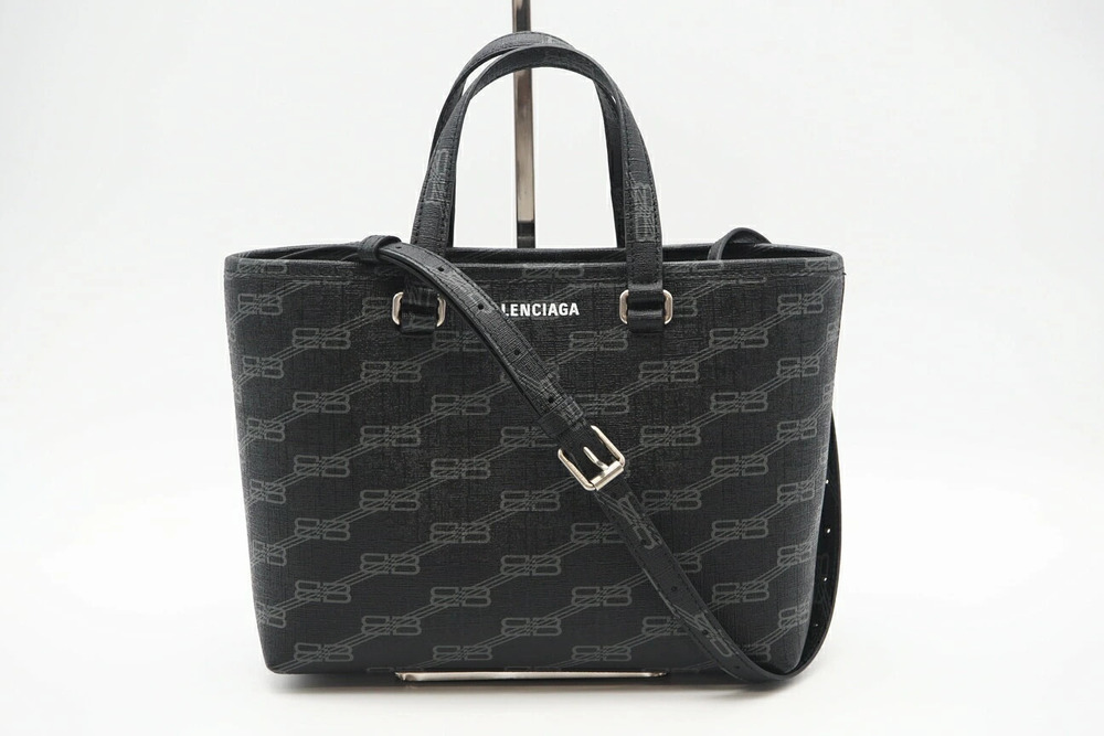 Balenciaga Monogram Signature Shopper Bag Tote Black Gray Canvas